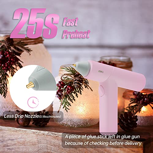 Deli Cordless Hot Glue Fast Preheating Glue Gun Kit with 30 Pcs Mini Glue Sticks, Smart-Power-Off Hot Melt Glue Gun for DIY Projects, Arts, Crafts, Quick Repairs and Home Decoration, Pink