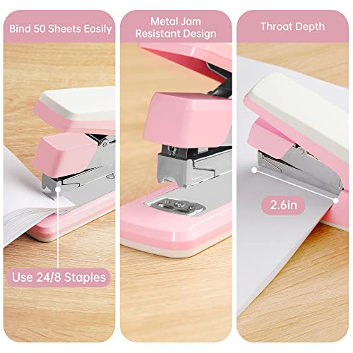 Deli Effortless Desktop Stapler, Heavy Duty Stapler, 40 Sheet Capacity, One Finger, No Effort, Includes Staples & Staple Remover, Pink