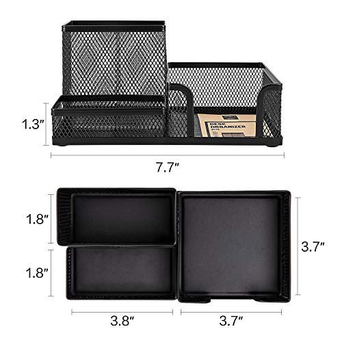 deli Mesh Desk Organizer Office Supplies Caddy with Pencil Holder and Storage Baskets for Desktop Accessories, 3 Compartments, Black