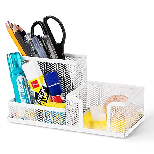 deli Mesh Desk Organizer Office Supplies Caddy with Pencil Holder and Storage Baskets for Desktop Accessories, 3 Compartments, White