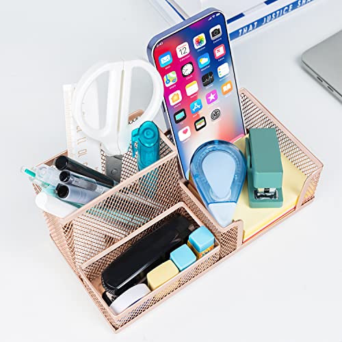 deli Mesh Desk Organizer Office Supplies Caddy with Pencil Holder and Storage Baskets for Desktop Accessories, 3 Compartments, Gold
