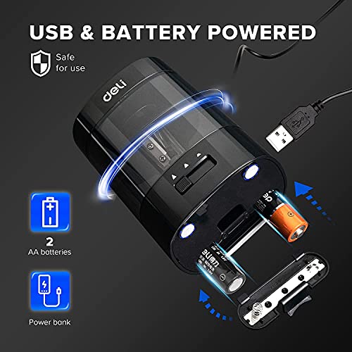 Deli Electric Pencil Sharpener, Automatic Pencil Sharpeners for No.2 Pencils Colored Pencils, USB & Battery Operated Pencil Sharpener for Kids, School, Home, Office, Classroom, Black