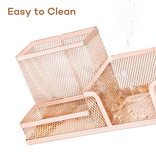 deli Mesh Desk Organizer Office Supplies Caddy with Pencil Holder and Storage Baskets for Desktop Accessories, 3 Compartments, Gold