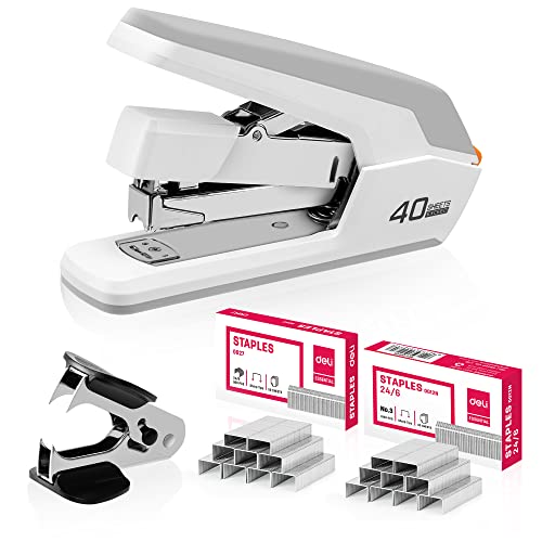Deli Effortless Desktop Stapler, Heavy Duty Stapler, 40-50 Sheet Capacity, One Finger, No Effort, Includes Staples & Staple Remover, White