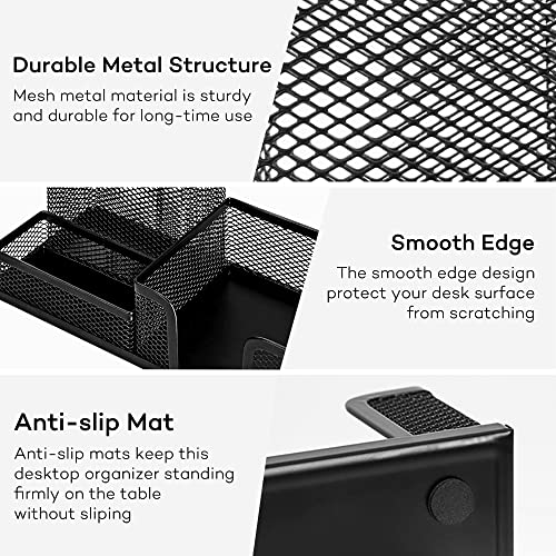 deli Mesh Desk Organizer Office Supplies Caddy with Pencil Holder and Storage Baskets for Desktop Accessories, 3 Compartments, Black