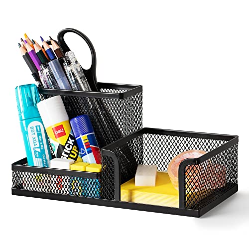 deli Mesh Desk Organizer Office Supplies Caddy with Pencil Holder and Storage Baskets for Desktop Accessories, 3 Compartments, Black