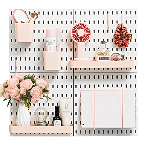 VUSIGN Pegboard Combination Wall Organizer Kit, Wall Mount Display Pegboard Panel Kits for Bedroom, Study, Office, Bathroom, 4 Pieces Pegboards and 17 Accessories, 22" x 22", Pink