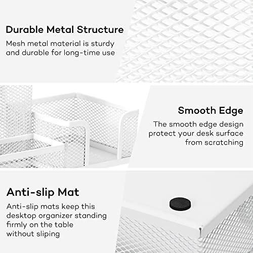 deli Mesh Desk Organizer Office Supplies Caddy with Pencil Holder and Storage Baskets for Desktop Accessories, 3 Compartments, White