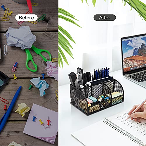 deli Mesh Desk Organizer Office Desktop Organizer with Pen Holder, Metal Stationary Organizer Desk Caddy, 7 Compartments, Black