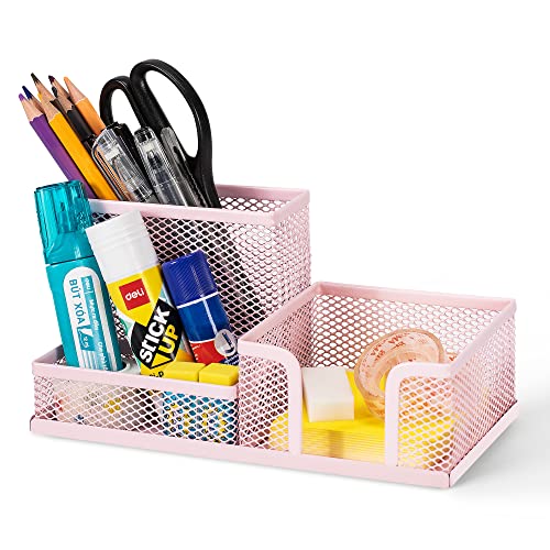 deli Mesh Desk Organizer Office Supplies Caddy with Pencil Holder and Storage Baskets for Desktop Accessories, 3 Compartments, Pink
