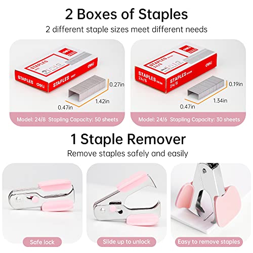 Deli Effortless Desktop Stapler, Heavy Duty Stapler, 40 Sheet Capacity, One Finger, No Effort, Includes Staples & Staple Remover, Pink