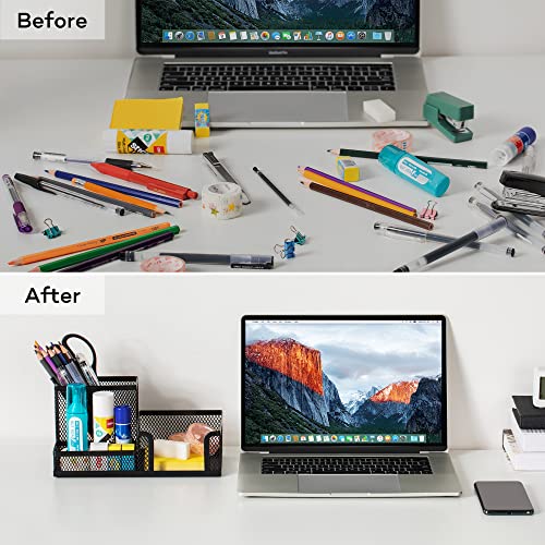 deli Mesh Desk Organizer Office Supplies Caddy with Pencil Holder and Storage Baskets for Desktop Accessories, 3 Compartments, Black