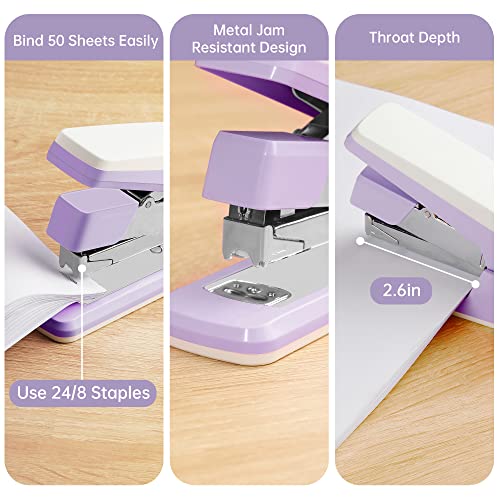 Deli Effortless Desktop Stapler, Heavy Duty Stapler, 40-50 Sheet Capacity, One Finger, No Effort, Includes Staples & Staple Remover, Violet