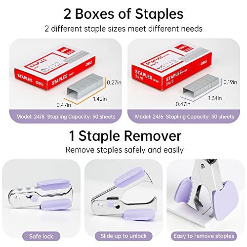 Deli Effortless Desktop Stapler, Heavy Duty Stapler, 40-50 Sheet Capacity, One Finger, No Effort, Includes Staples & Staple Remover, Violet