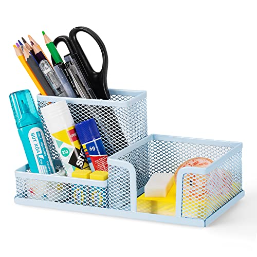 deli Mesh Desk Organizer Office Supplies Caddy with Pencil Holder and Storage Baskets for Desktop Accessories, 3 Compartments, Blue