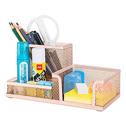 deli Mesh Desk Organizer Office Supplies Caddy with Pencil Holder and Storage Baskets for Desktop Accessories, 3 Compartments, Gold
