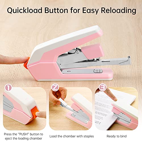 Deli Effortless Desktop Stapler, Heavy Duty Stapler, 40 Sheet Capacity, One Finger, No Effort, Includes Staples & Staple Remover, Pink