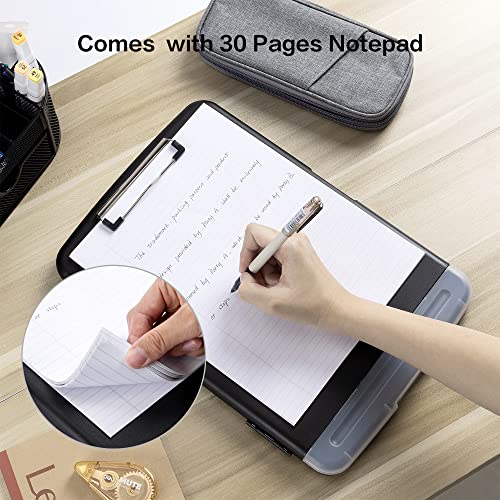 Deli Clipboard with Storage, Nursing Clipboards with Pen Holder and Refillable Lined Notepad, Heavy Duty Plastic Storage Clip Board, Clipboard Folder Side-Opening, Black