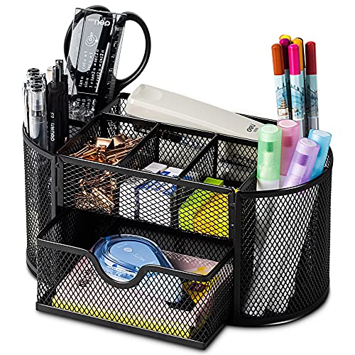 deli Mesh Desk Organizer Office Desktop Organizer with Drawer, Metal Stationary Organizer Desk Caddy Pen Holder, 8 Compartments, Black