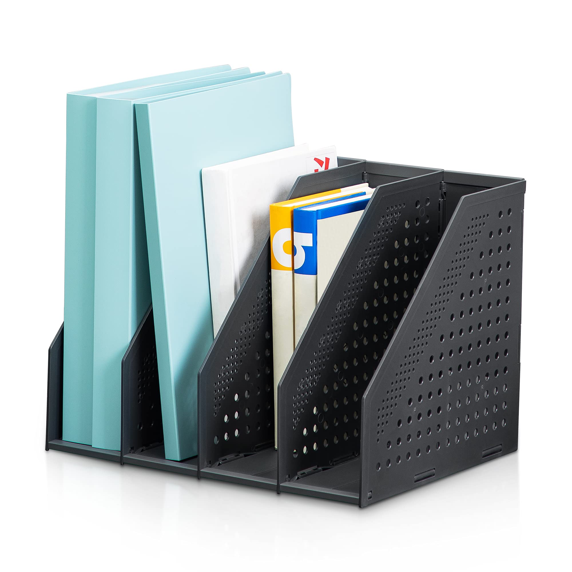 Collapsible Magazine Rack, 4 Vertical Compartments, Black