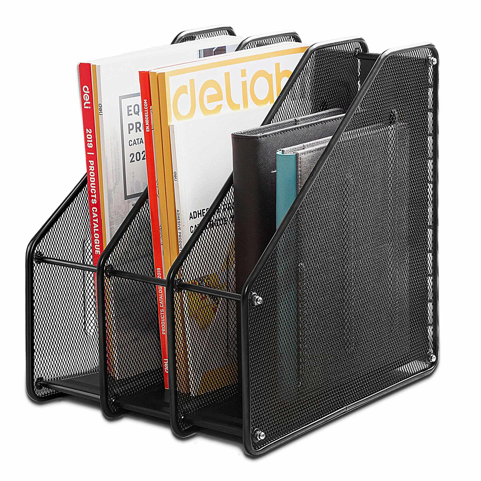 Mesh Magazine File Holder, 3 Vertical Compartments, Black