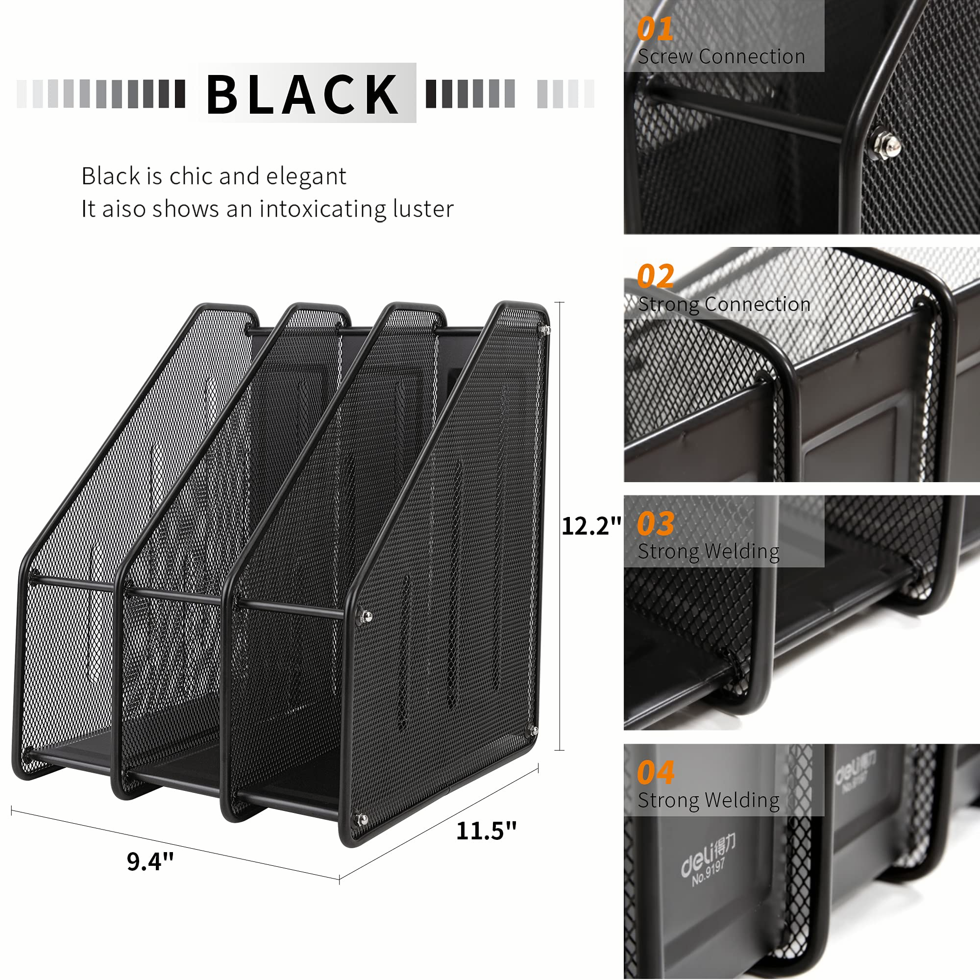 Mesh Magazine File Holder, 3 Vertical Compartments, Black