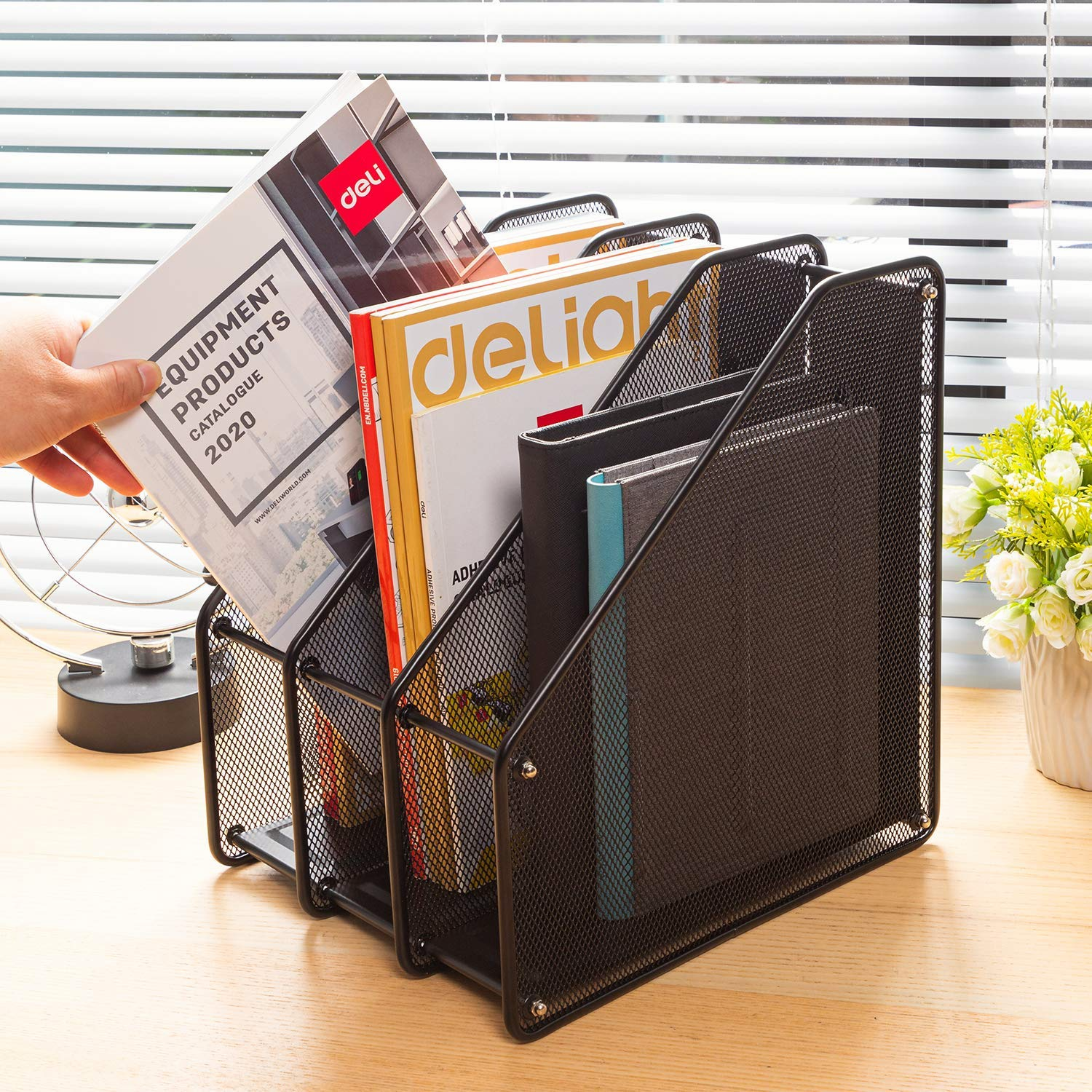 Mesh Magazine File Holder, 3 Vertical Compartments, Black