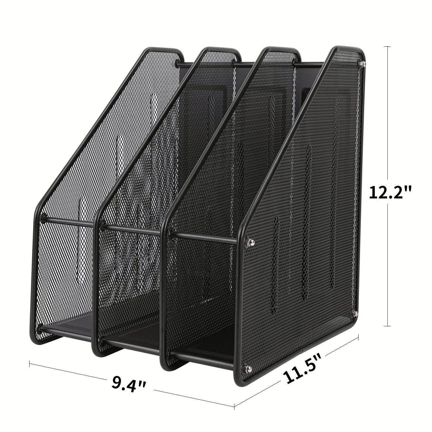 Mesh Magazine File Holder, 3 Vertical Compartments, Black
