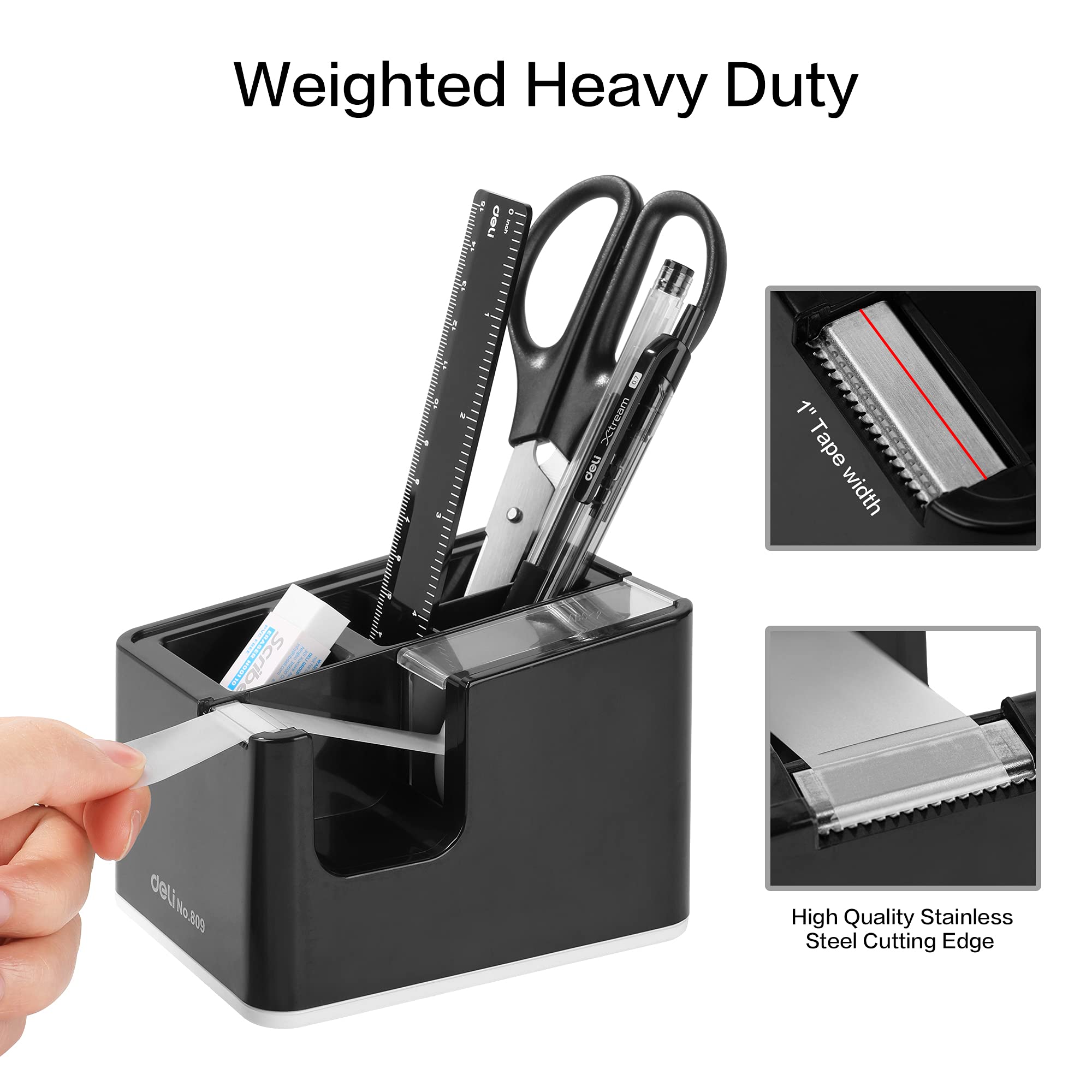 Desktop Tape Dispenser with Pen Holder 2-in-1, Black