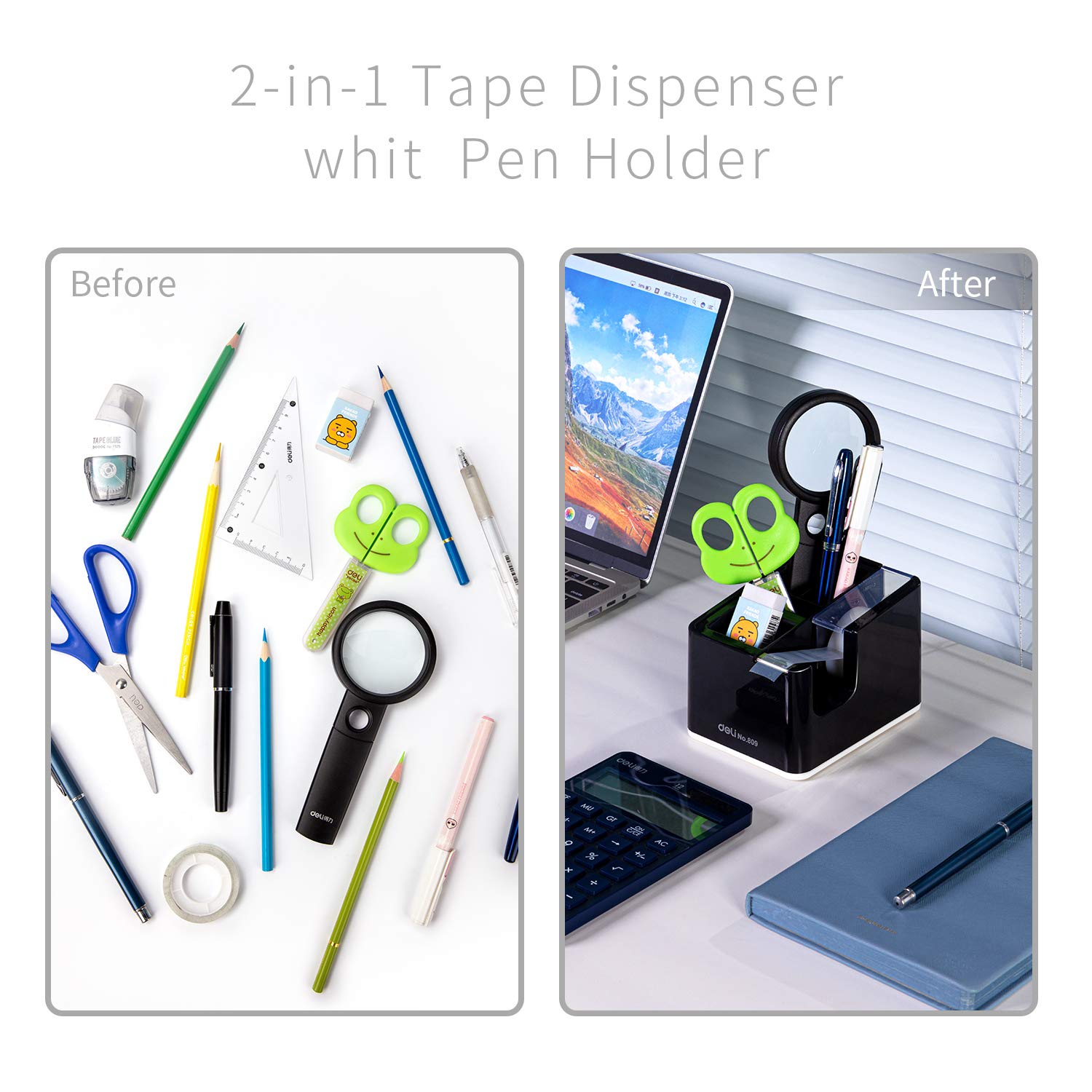 Desktop Tape Dispenser with Pen Holder 2-in-1, Black