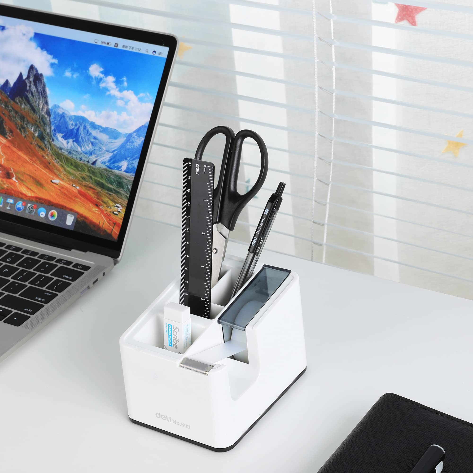 Desktop Tape Dispenser with Pen Holder, 2-in-1 Heavy Weighted Non-Skid Base, White