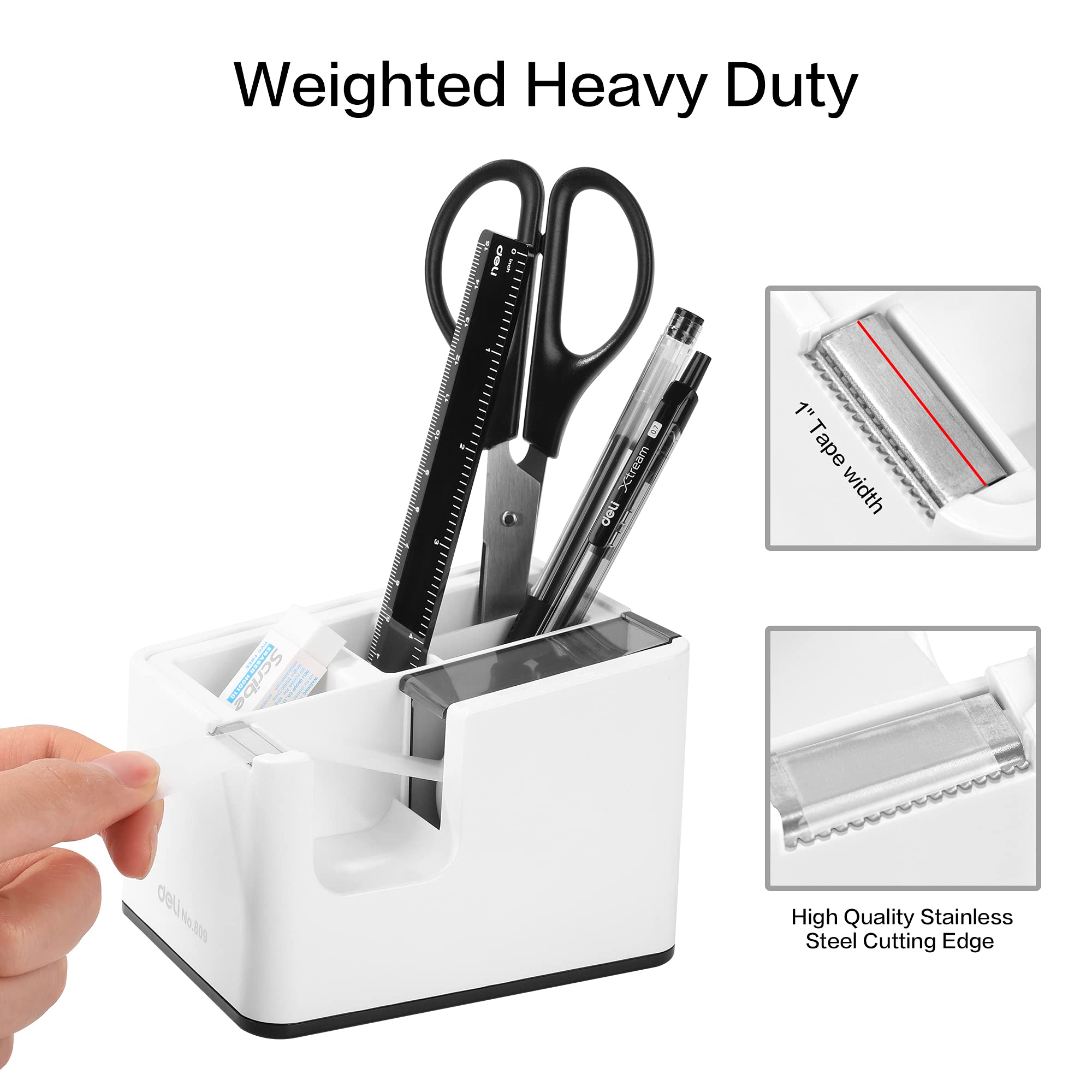 Desktop Tape Dispenser with Pen Holder, 2-in-1 Heavy Weighted Non-Skid Base, White