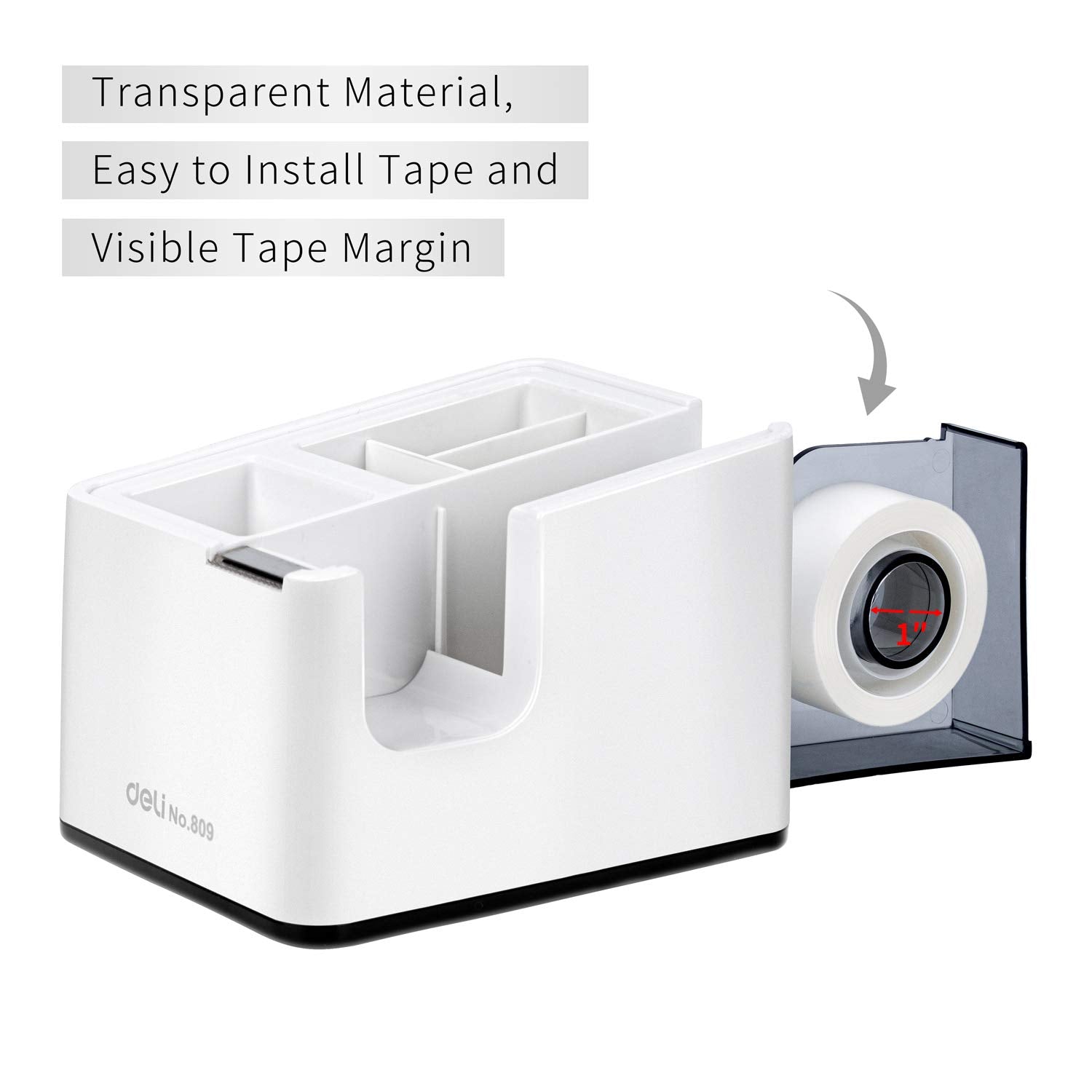 Desktop Tape Dispenser with Pen Holder, 2-in-1 Heavy Weighted Non-Skid Base, White