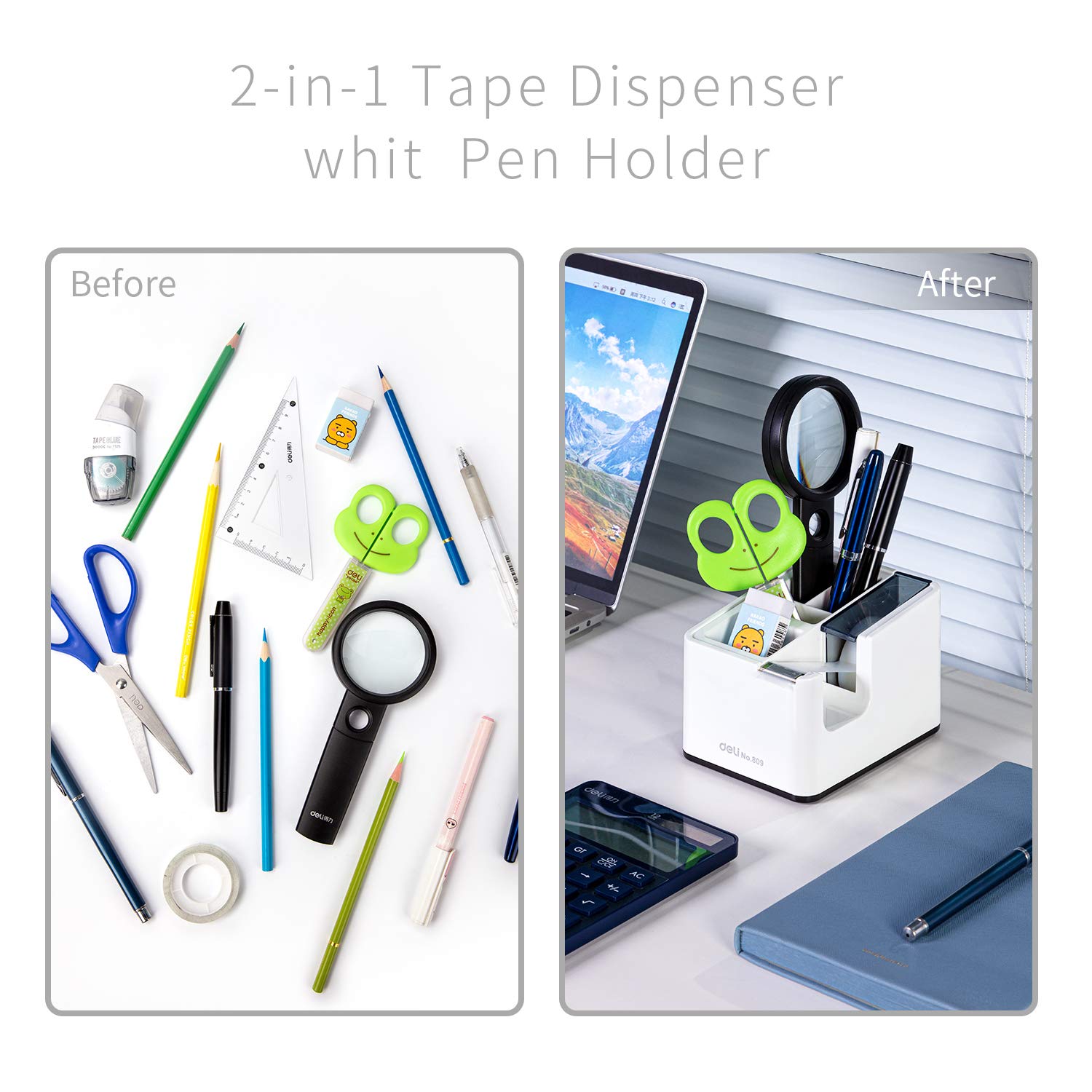 Desktop Tape Dispenser with Pen Holder, 2-in-1 Heavy Weighted Non-Skid Base, White