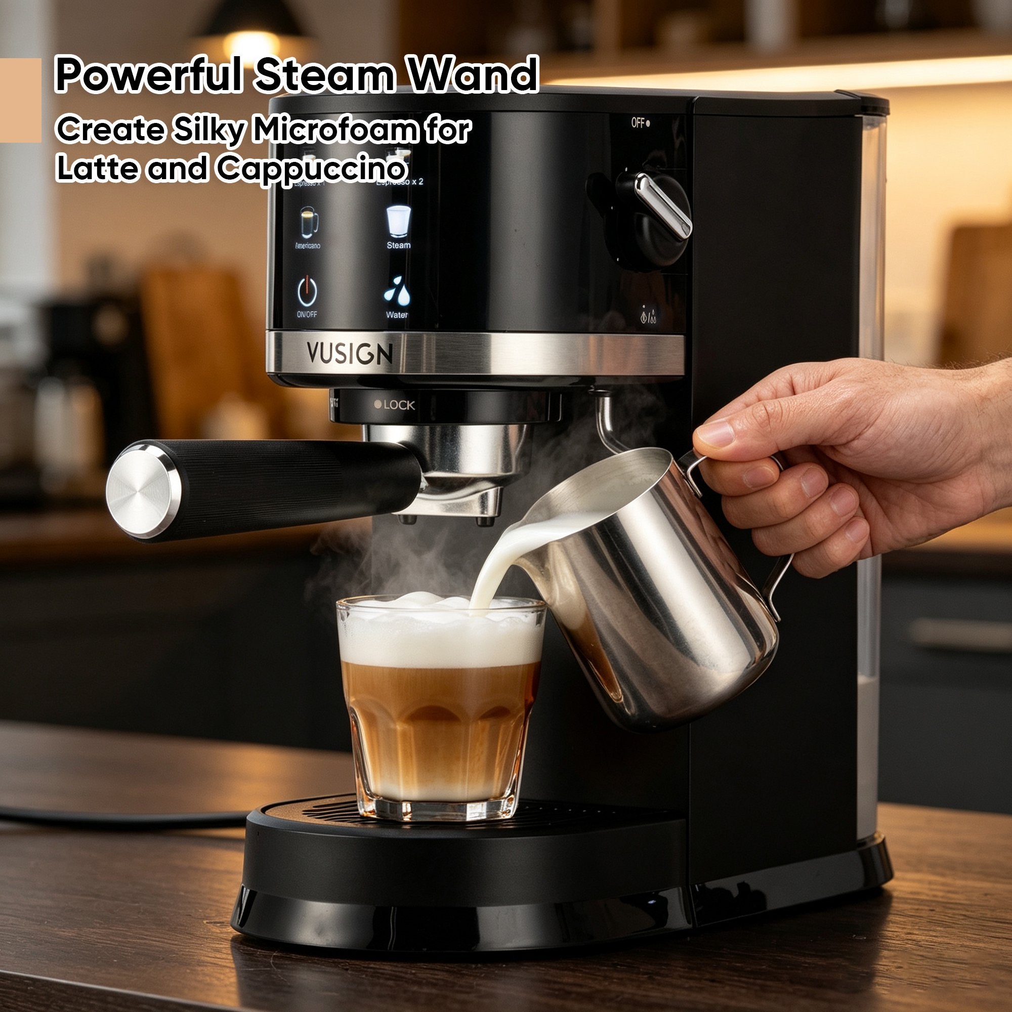 Vusign Semi Automatic Espresso Machine, 20 Bar Coffee Maker Machine with Steam Milk Frother,NTC Temperature Control, Pre-Infusion,1.2L Removable Water Tank