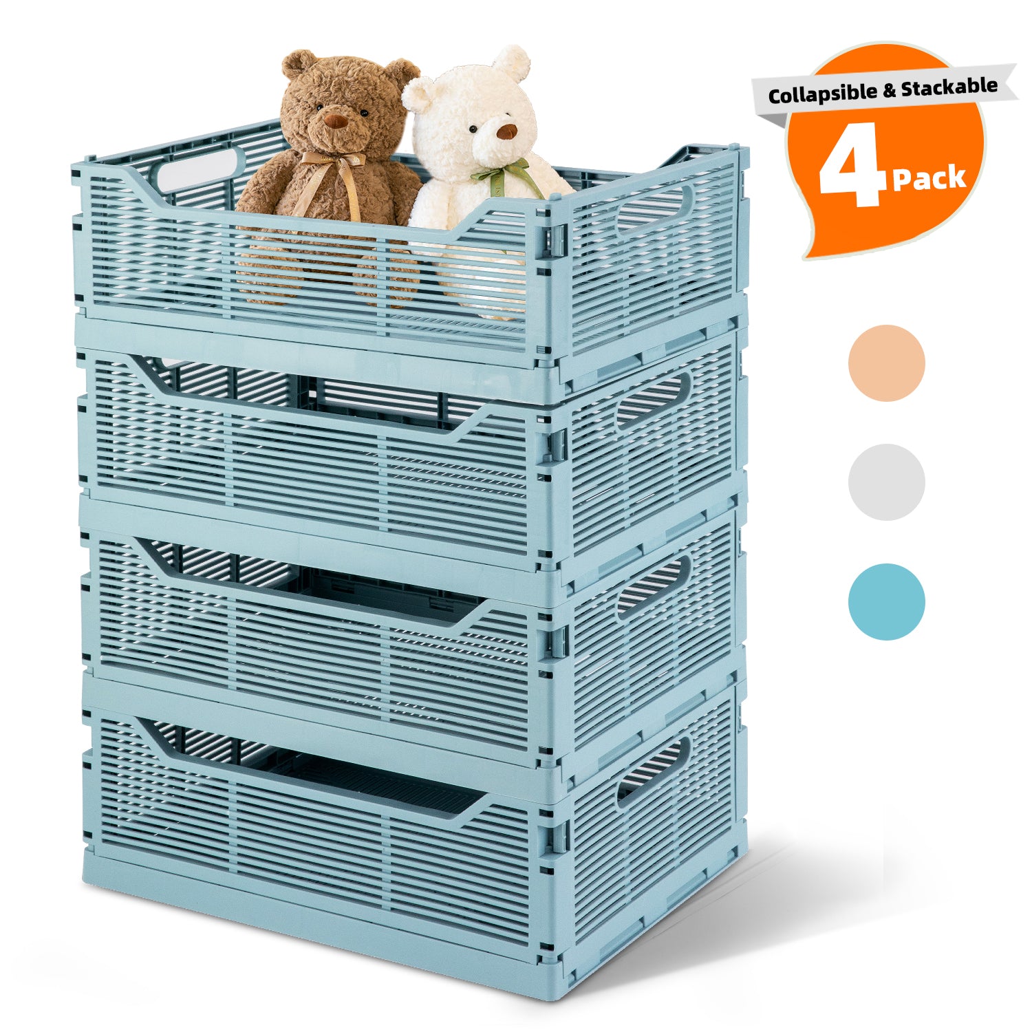 VUSIGN 4-Pack Foldable Storage Bins, Stackable Plastic Storage Crates for Home Office, Folding Storage Basket Containers