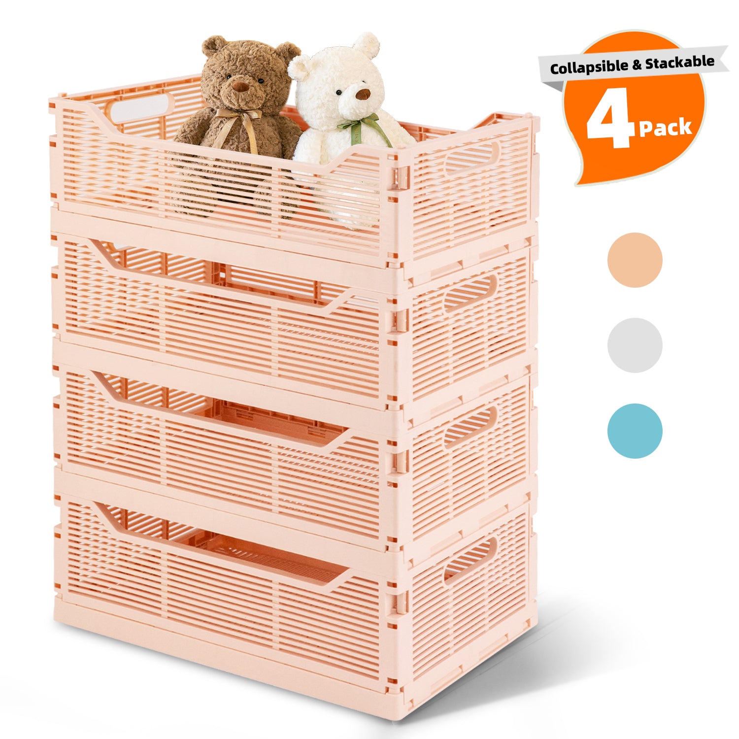 VUSIGN 4-Pack Foldable Storage Bins, Stackable Plastic Storage Crates for Home Office, Folding Storage Basket Containers