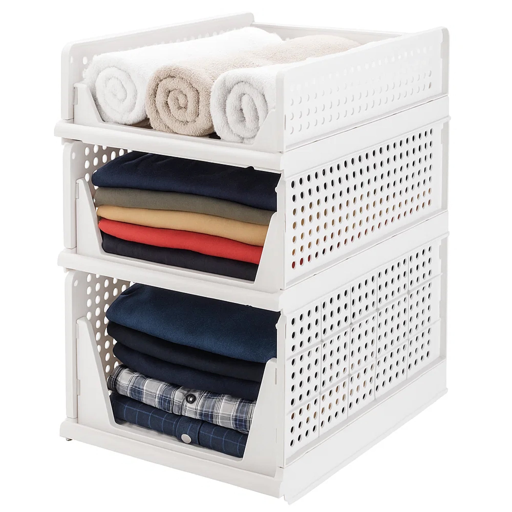VUSIGN 4 Pack Stackable Closet Storage Basket,  Foldable Closet Organizers and Storage Bins, Wardrobe Clothes Storage, White