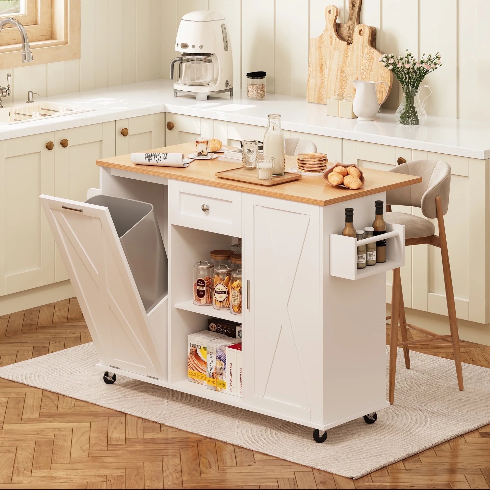 Tilt Kitchen spanspace Rolling Kitchen Island with Drop Leaf,Tilt Out Kitchen Trash ...