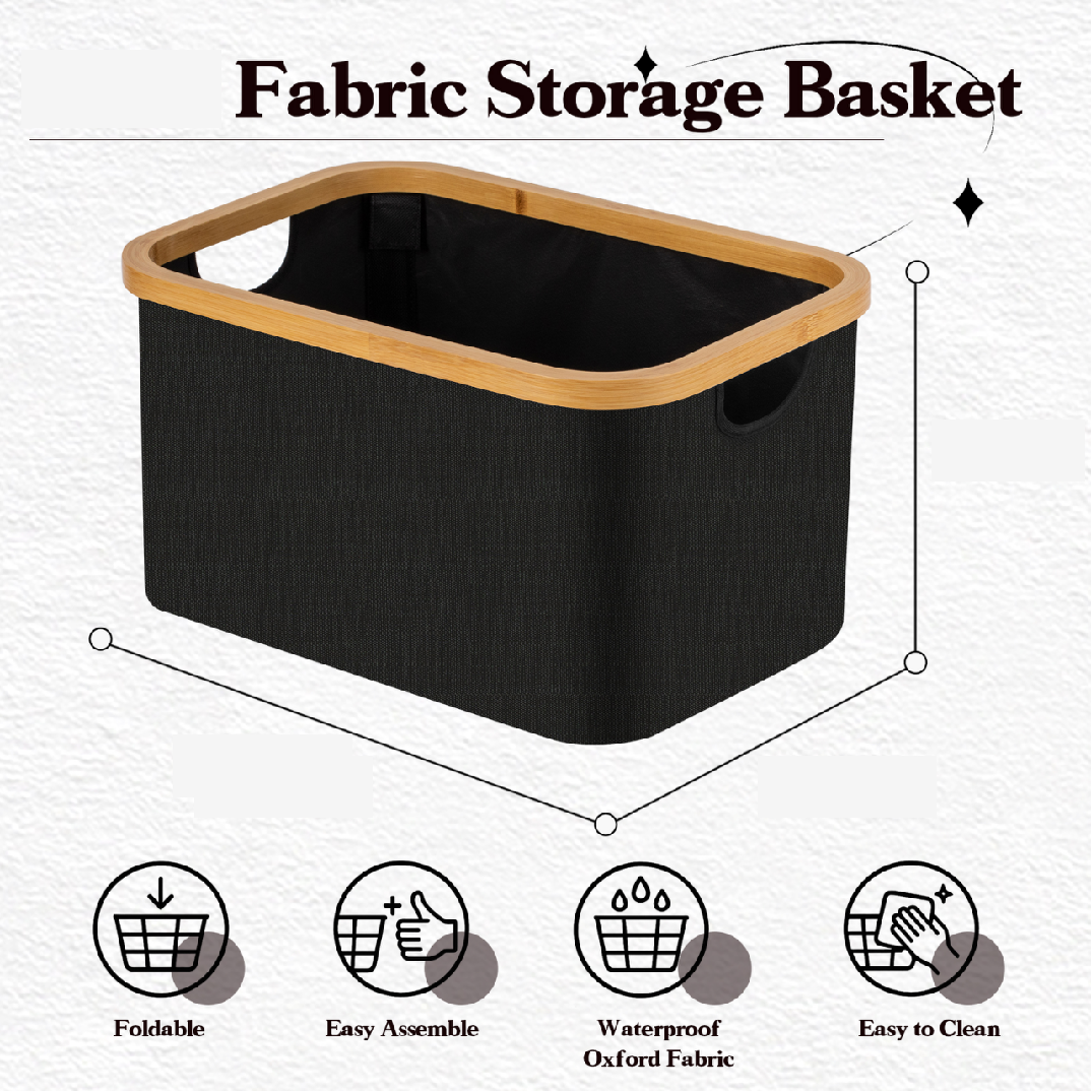 VUSIGN Fabric Storage Baskets with Bamboo Handles, Collapsible, Black, 3 Sizes Available