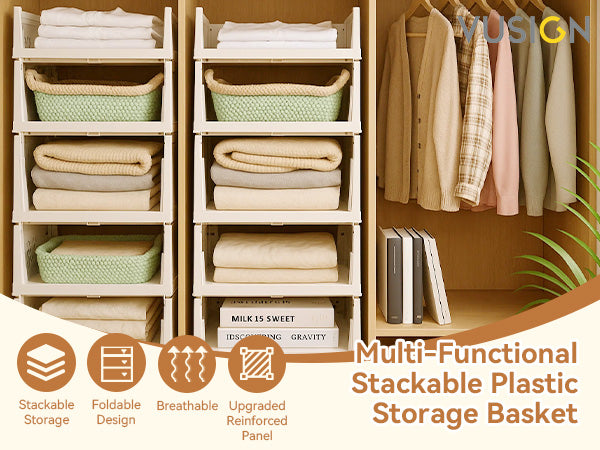 VUSIGN 4 Pack Stackable Closet Storage Basket,  Foldable Closet Organizers and Storage Bins, Wardrobe Clothes Storage, White