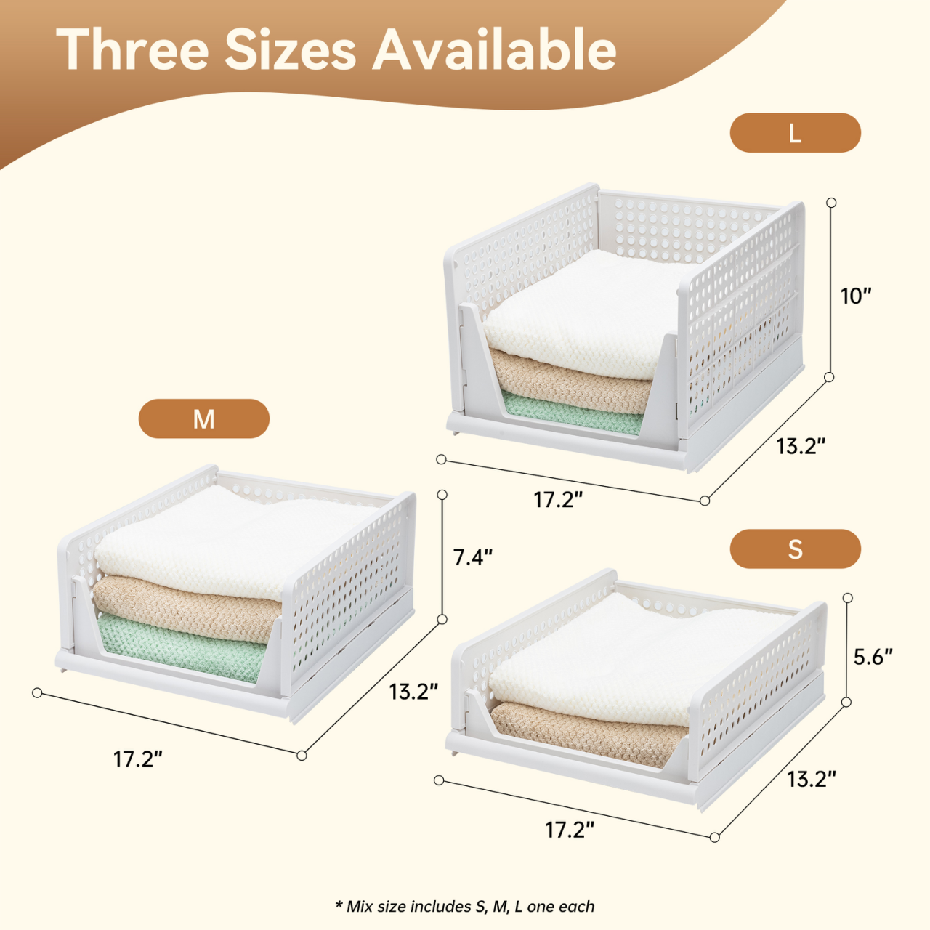 VUSIGN 4 Pack Stackable Closet Storage Basket,  Foldable Closet Organizers and Storage Bins, Wardrobe Clothes Storage, White