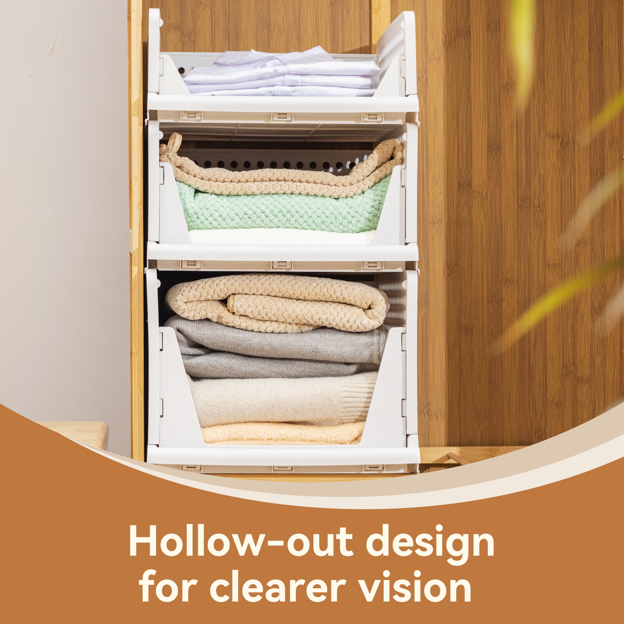 VUSIGN 4 Pack Stackable Closet Storage Basket,  Foldable Closet Organizers and Storage Bins, Wardrobe Clothes Storage, White
