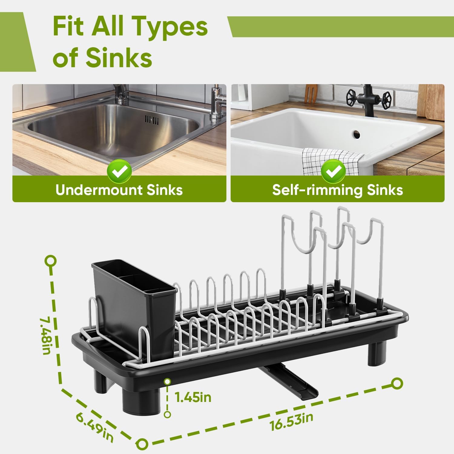 VUSIGN Small Dish Drying Rack with Drain, Compact Dish Rack, Slim Dish Drainers for Kitchen Counter, with Removable Utensil Holder, Space Saving