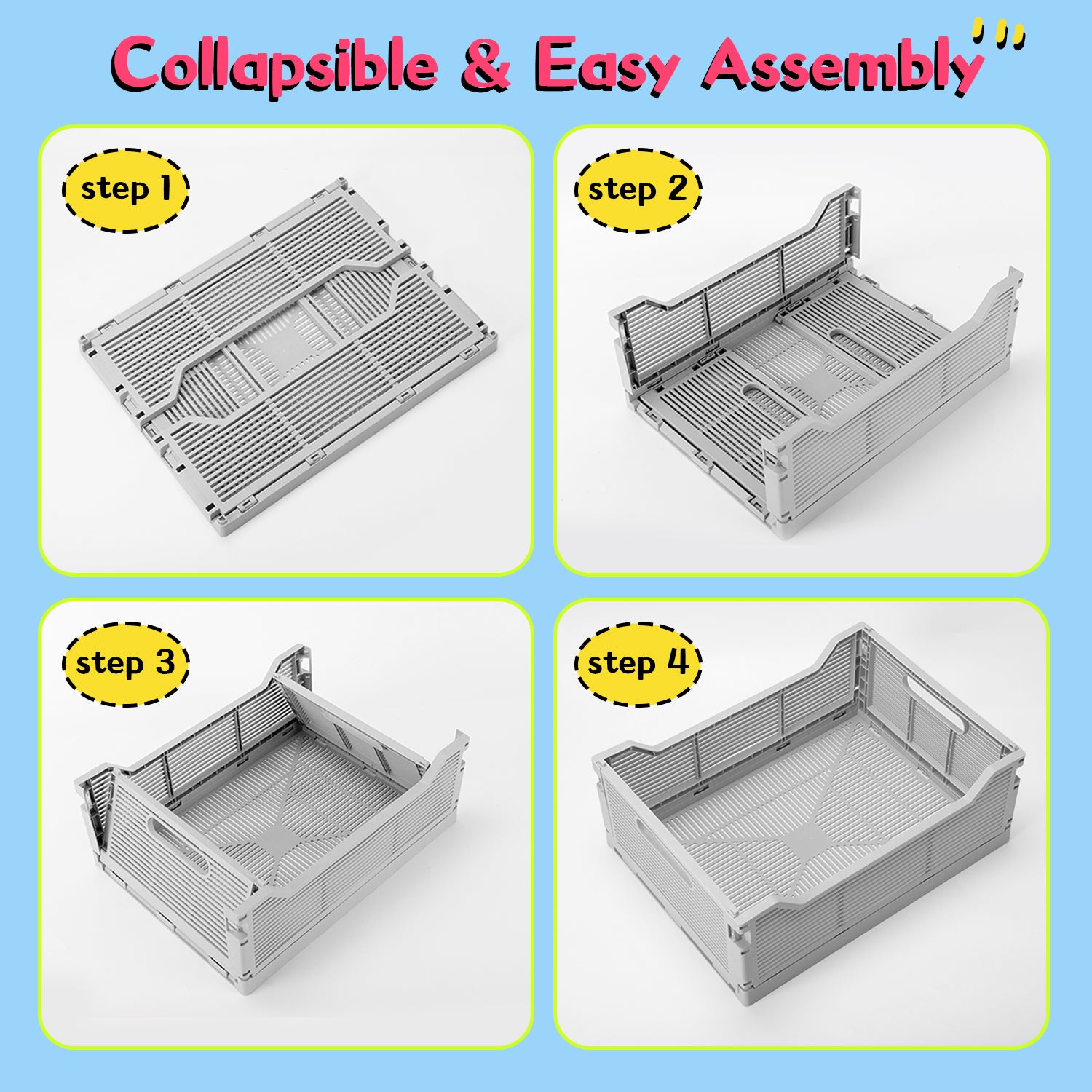 VUSIGN 4-Pack Foldable Storage Bins, Stackable Plastic Storage Crates for Home Office, Folding Storage Basket Containers