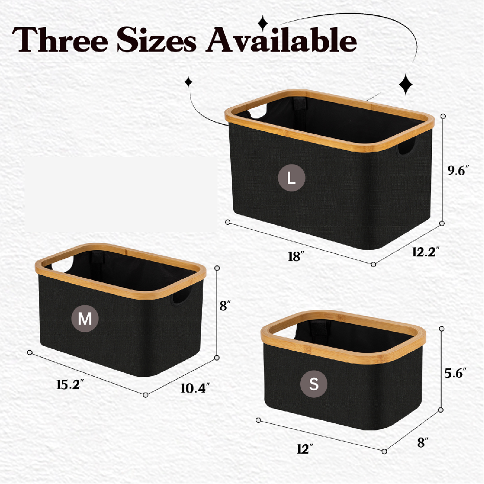 VUSIGN Fabric Storage Baskets with Bamboo Handles, Collapsible, Black, 3 Sizes Available