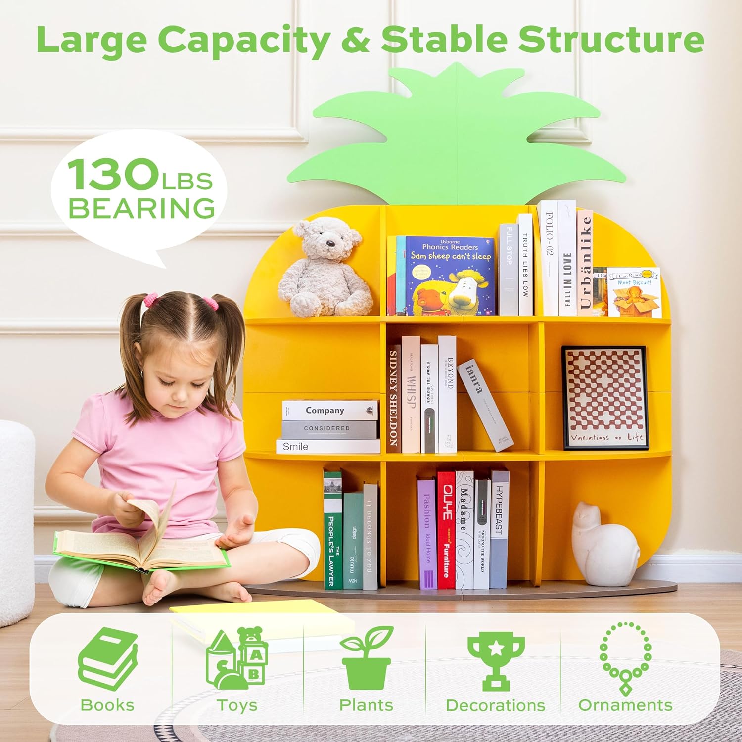9-Cube Book Shelf and Toy Storage Organizer, Pineapple Shaped Kids Bookcases for Nursery, Playroom, Bedroom, or Classroom