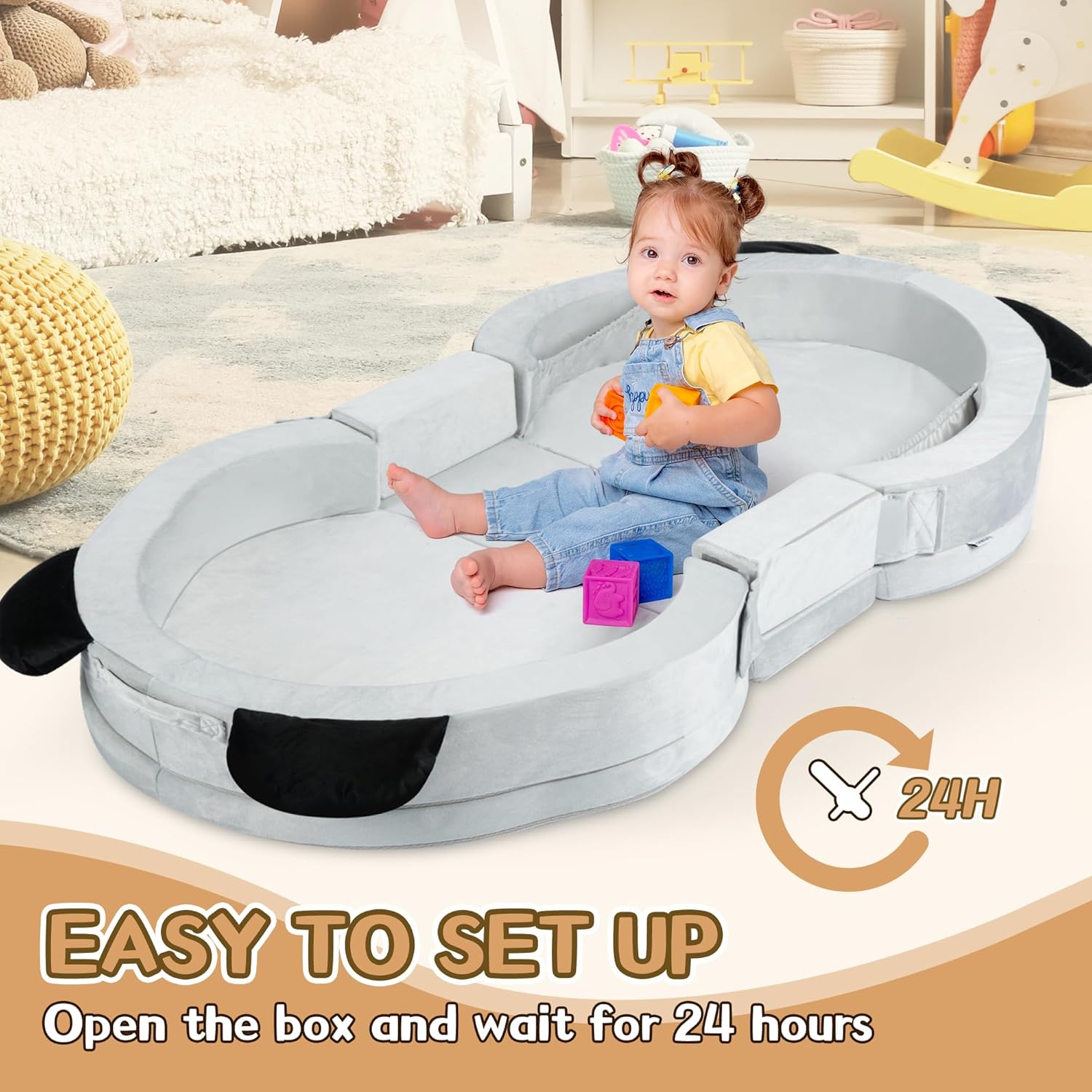 Toddler Travel Bed Panda Style – Foldable & Portable Floor Bed for Kids, Washable Toddler Cot with Safety Rails, Perfect for Children 18M – 5yr Old