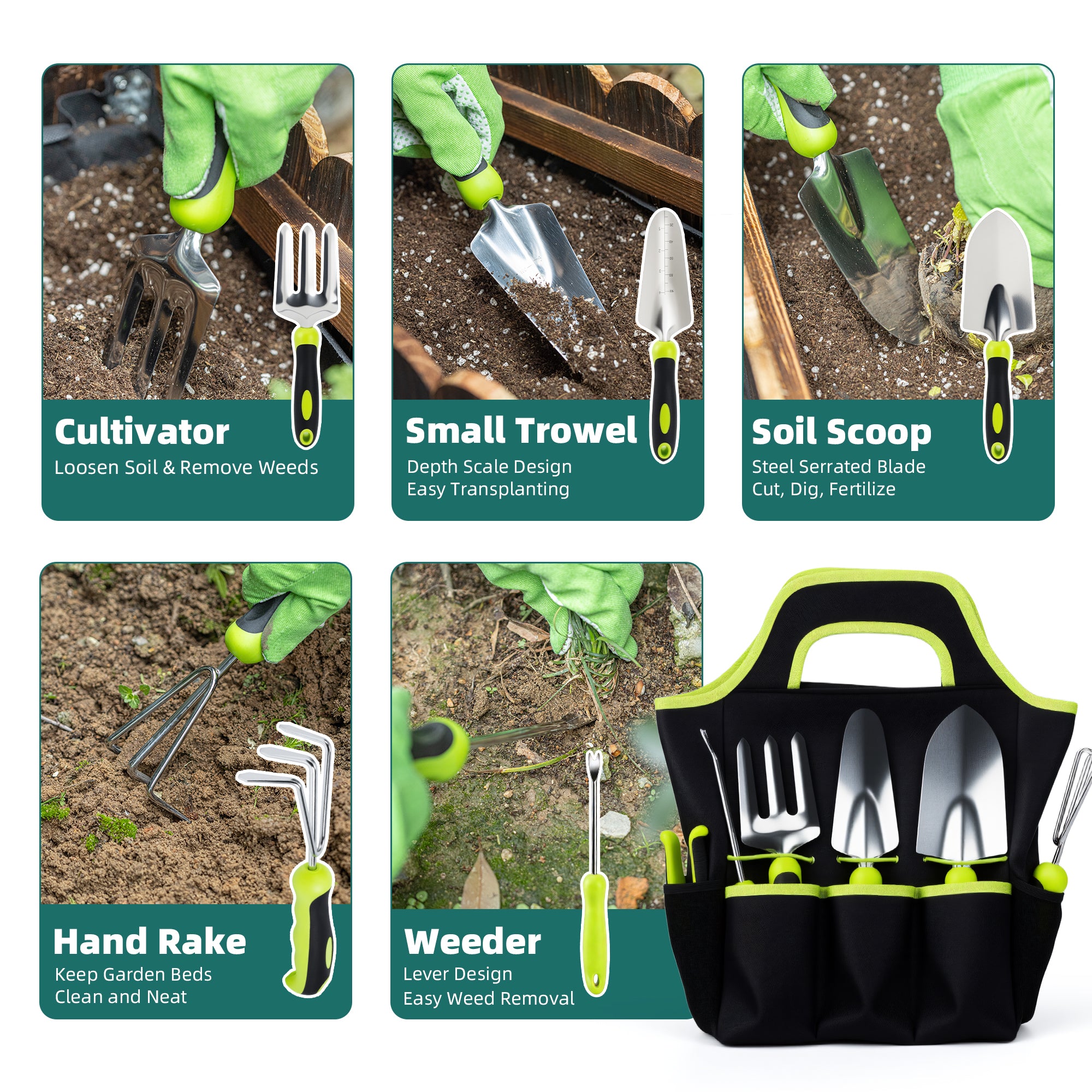 Deli Garden Tool Set, 8 Pieces Stainless Steel Heavy Duty Gardening Tool Set,Outdoor Gardening Hand Tools with Storage Bag,Ideal for Planting and Maintaining Gardens,Gardening Gifts for Women, Men