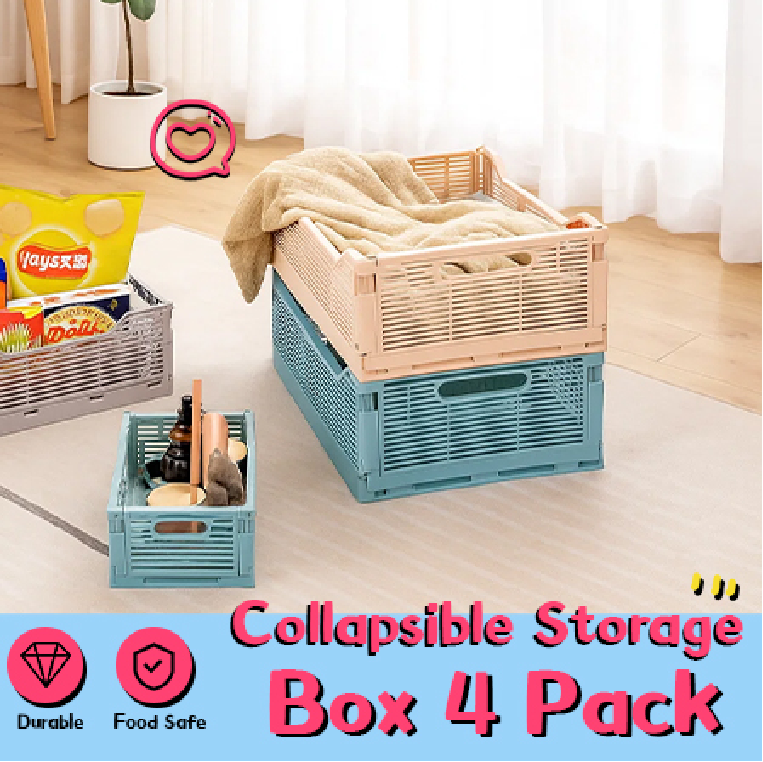 VUSIGN 4-Pack Foldable Storage Bins, Stackable Plastic Storage Crates for Home Office, Folding Storage Basket Containers